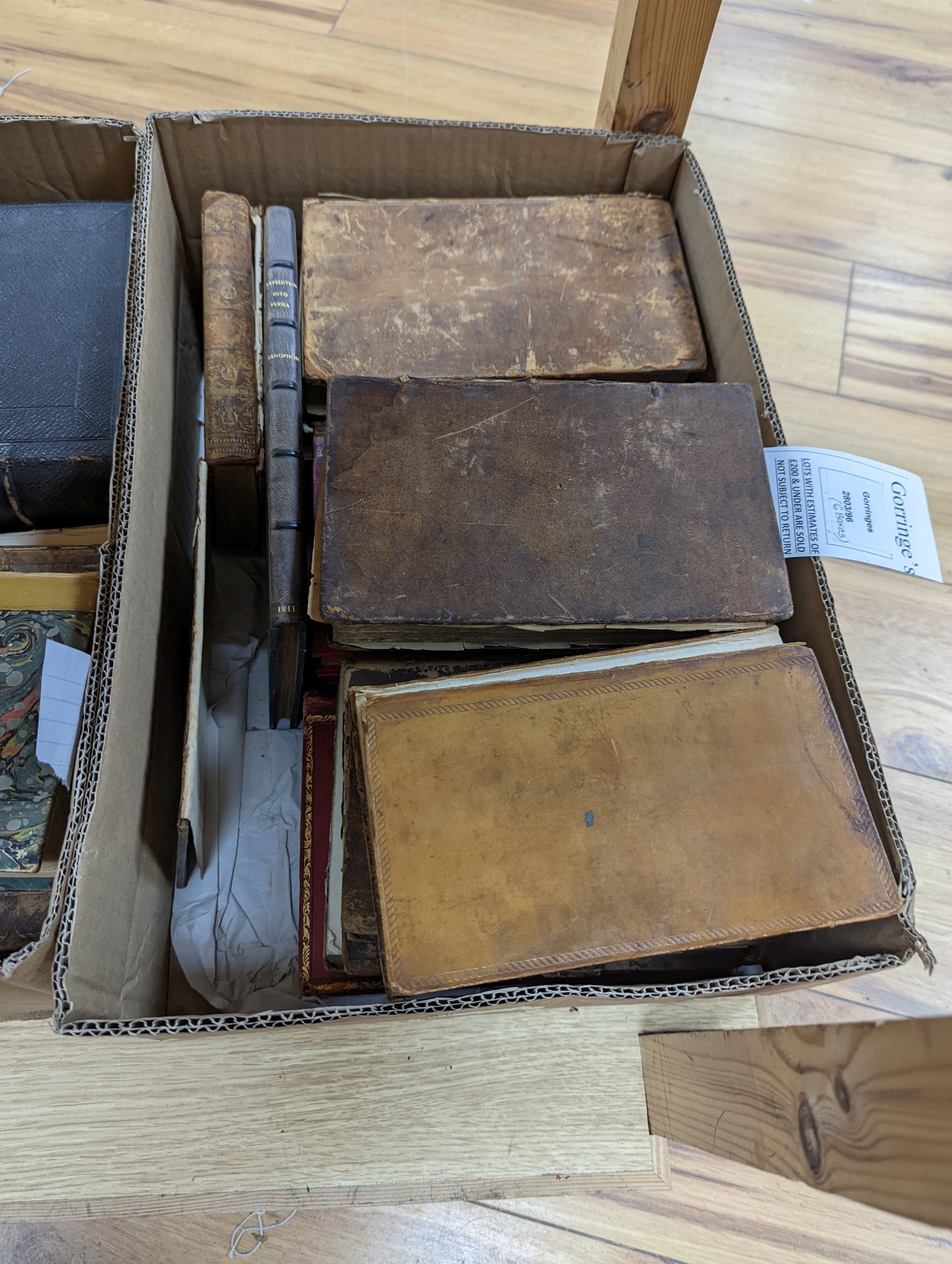 Old Leather - a quantity of antiquarian volumes, various dates and bindings, approx. 90 in total, in 6 boxes.